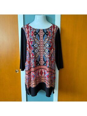 Rafaella Womens Top SIze 1X Tunic Multi Color Zip Side Slits Ikat Stretch BOHO